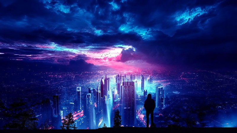 city, clouds, night, lights, artwork, digital, trees, birds, cityscape, skyscraper