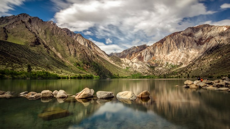 nature, landscape, clouds, rocks, trees, clear water, mountains, sky, long exposure, Convict Lake, California, USA