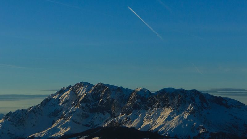 mountains, peaks, aerial view, twilight, sky, 4k