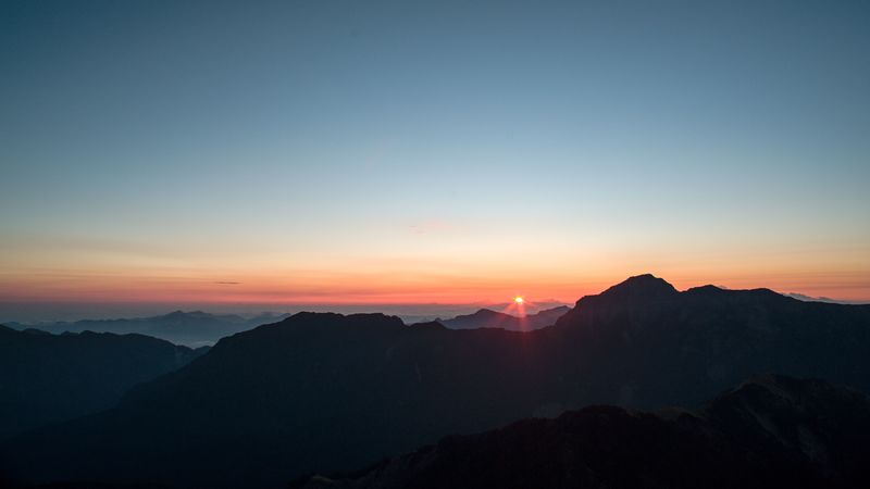 mountains, sunset, sky, peaks, aerial view, 4k