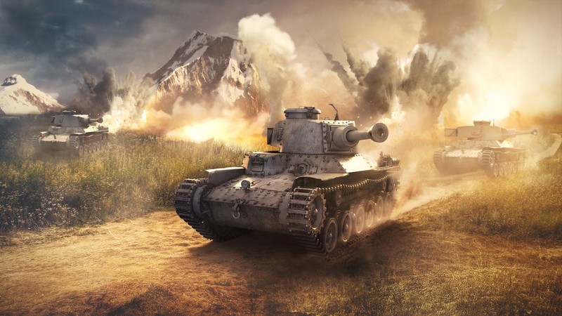 video games, video game art, digital art, War Thunder, military, military vehicle, military aircraft, tank, mountains, landscape, war, explosion, World War II