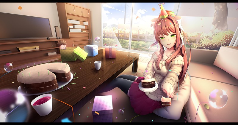Doki Doki Literature Club, video game characters, video game girls, Monika (Doki Doki Literature Club), brunette, looking at viewer, video games, Video Game Horror, green eyes, visual novel, POV, anime girls