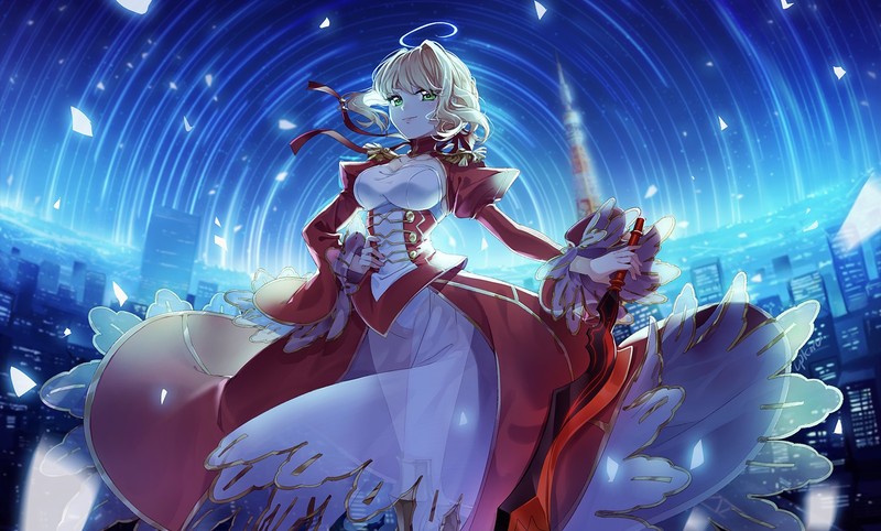 Nero Claudius, blonde, dress, green eyes, sword, short hair, weapon