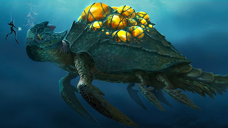 video games, digital art, subnautica, science fiction, creature, turtle, fan art, sea