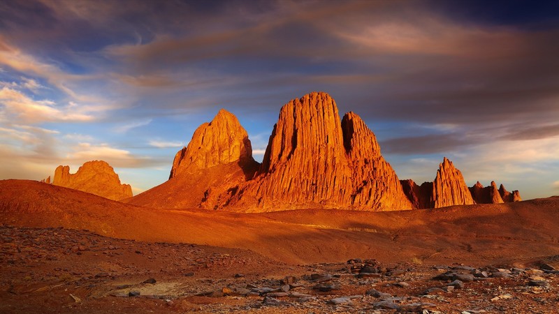 nature, landscape, far view, mountains, rocks, clouds, sky, desert, sand, Sahara, Algeria