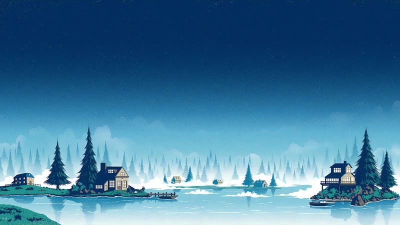 artwork, landscape, nature, winter, trees, water, reflection, house, minimalism, night, digital, blue