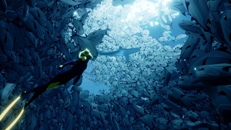 water, underwater, divers, artwork, digital art, shark, abzu, video games, blue