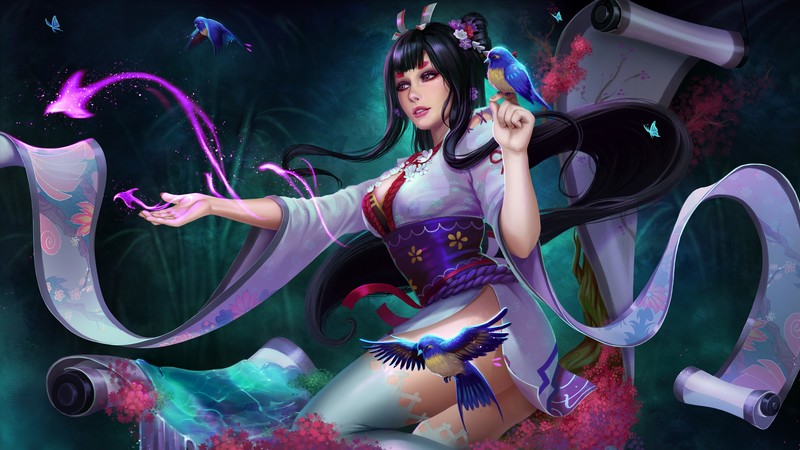 Prywinko, drawing, women, dark hair, hair accessories, flowers, flower in hair, makeup, looking away, dress, Chinese dress, animals, spell, purple, birds, scrolls