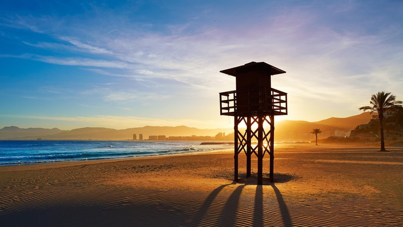 nature, landscape, clouds, sky, mountains, sand, Sand Ripples, trees, water, sea, sunset, Spain, Valencia (Spain)