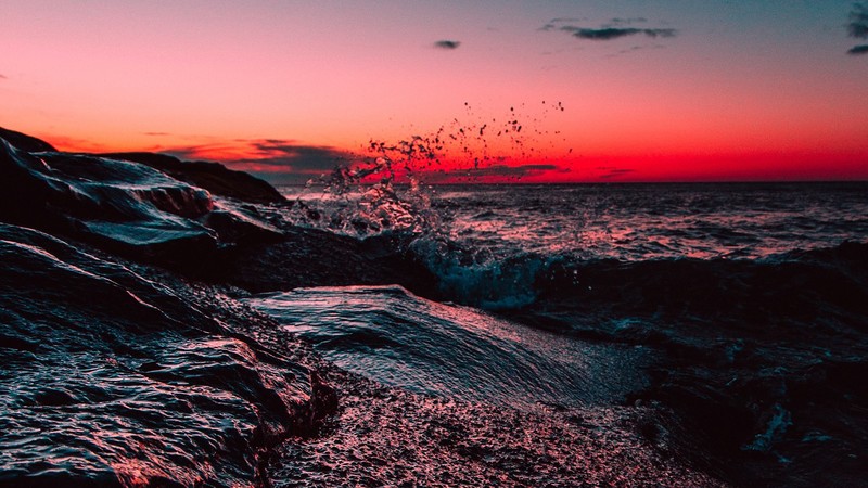 water, clouds, sunset, waves