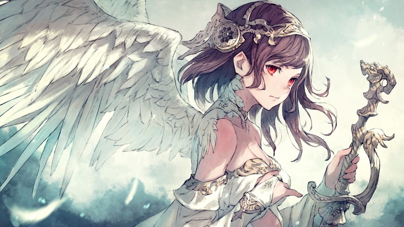 brunette, sword, wings, red eyes, anime