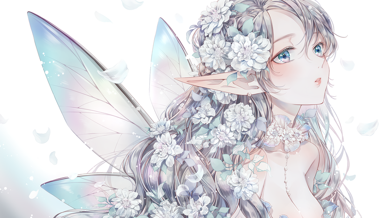 flowers, cleavage, wings, pointy ears, long hair