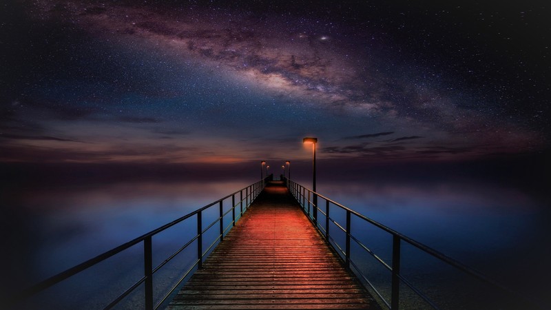 nature, landscape, stars, night, galaxy, Milky Way, wooden walkway, lights, water, clouds, sky, clear water, sea, horizon, atlantic ocean