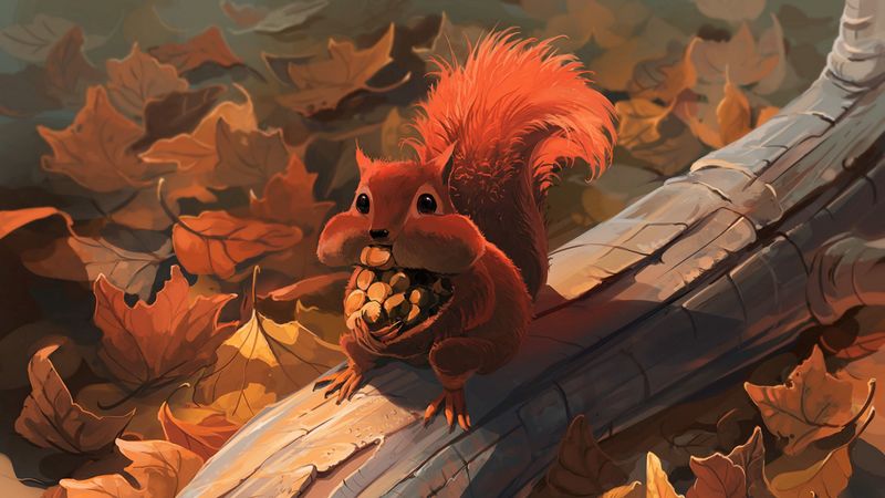 squirrel, nuts, food, foliage, autumn, 4k