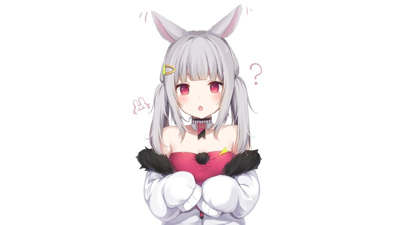 animal eyes, long hair, artwork, blush, Amashiro Natsuki, gray hair, twintails, pink eyes