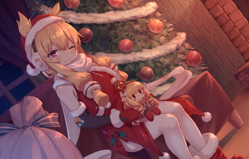 Azur Lane, Queen Elizabeth (Azur Lane), Warspite (Azur Lane), Shinopoko, Christmas, anthropomorphism, blonde, blush, hat, headphones, red eyes, scarf, doll, dress, anime