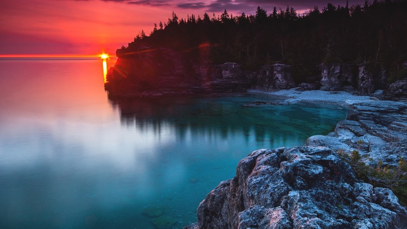 nature, landscape, sunset, horizon, trees, rocks, forest, clouds, sky, water, clear water, coast, Ontario, Canada