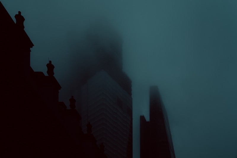 skyscraper, city, building, mist, dark, low-angle