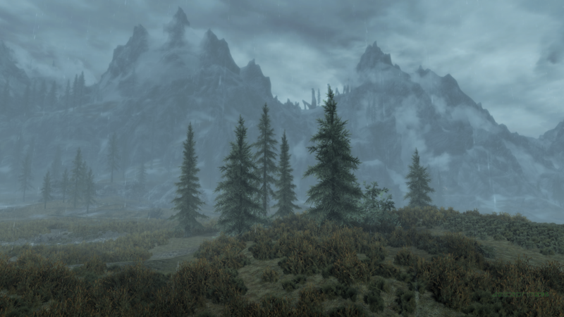 The Elder Scrolls V: Skyrim, mountains, field, in-game, screen shot, mist, PC gaming, rain, overcast