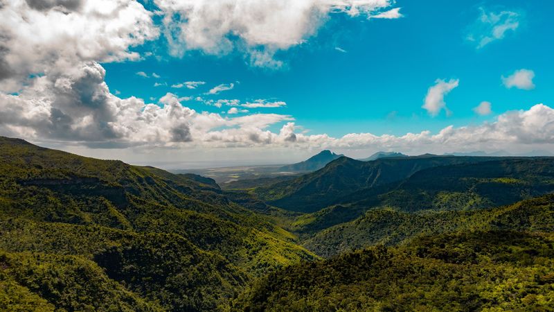 mountains, sky, clouds, aerial view, forest, 4k