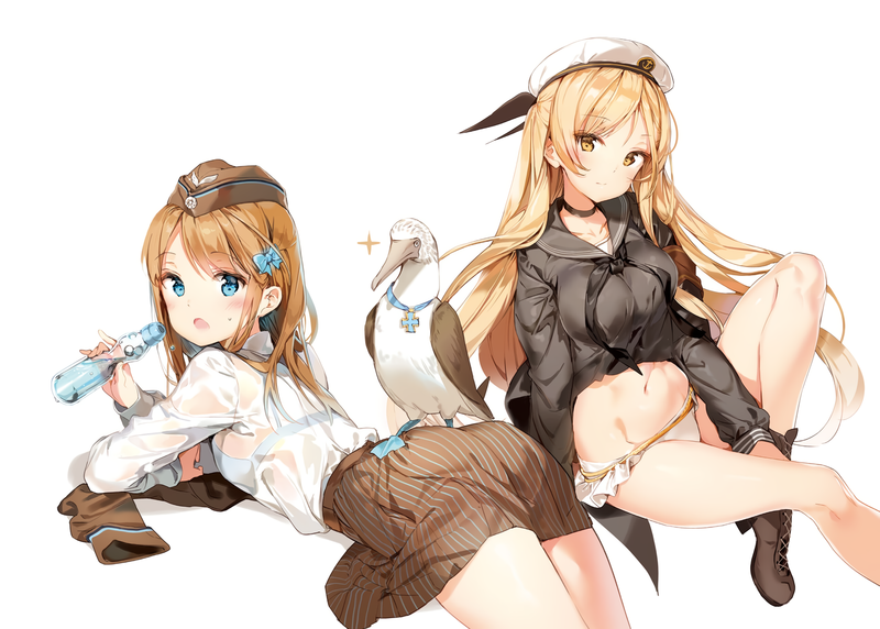 Anmi, blonde, thigh-highs, blue eyes, skirt, yellow eyes, white, underwear, see-through blouse, ass, bra, drink, anime