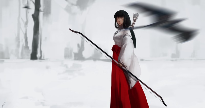 Inuyasha, anime girls, miko, kimono, long hair, arrows, bow, 2D, black hair, snow, raven, Kikyo, fan art, anime
