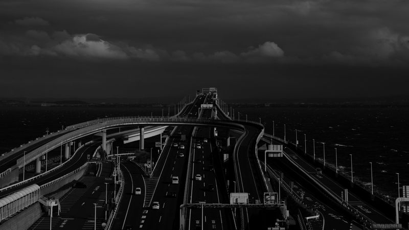 road, highway, bw, sky, clouds, dark, 4k