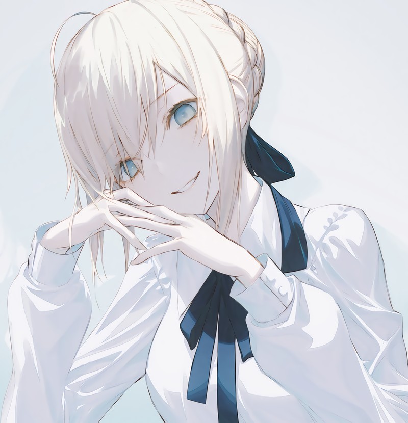 Fate Series, FGO, Fate/Stay Night, anime girls, small boobs, long hair, smiling, 2D, blond hair, braided hair, blue eyes, Arturia Pendragon, Saber, simple background, looking at viewer, wanke, hands crossed, fan art, anime