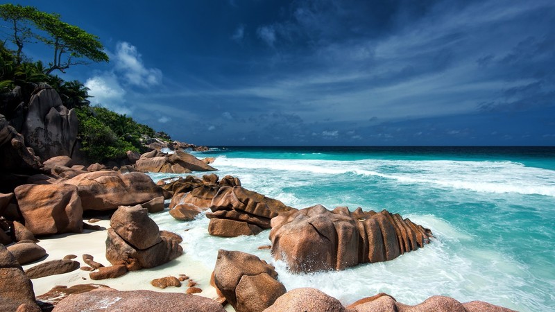 nature, landscape, trees, clouds, sky, rocks, sea, water, waves, sand, coast, horizon, Seychelles, Indian Ocean