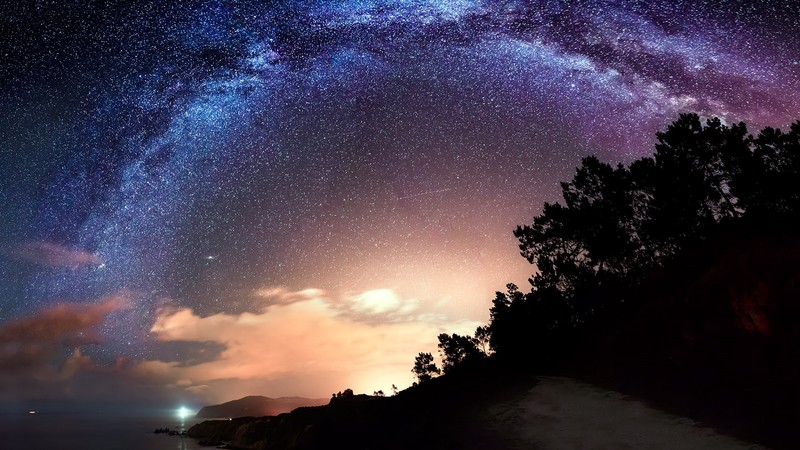 nature, landscape, stars, clouds, trees, path, lights, night, coast, sea, water, shooting stars, Galicia, Spain, Milky Way