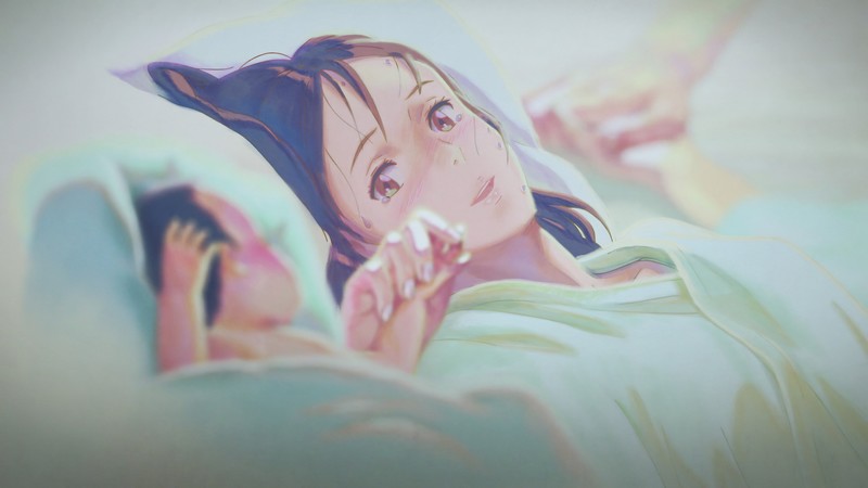 Makoto Shinkai, Kimi no Na Wa, anime girls, anime, Mitsuha Miyamizu, Your Name, hands, crying, lying down, baby, depth of field, open mouth, brown eyes, black hair, sweat