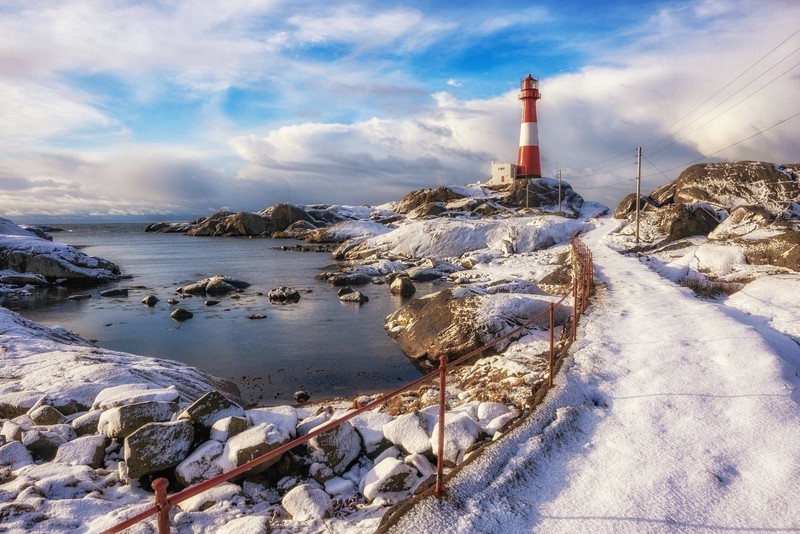 Norway, lighthouse, winter, cold, snow, sky
