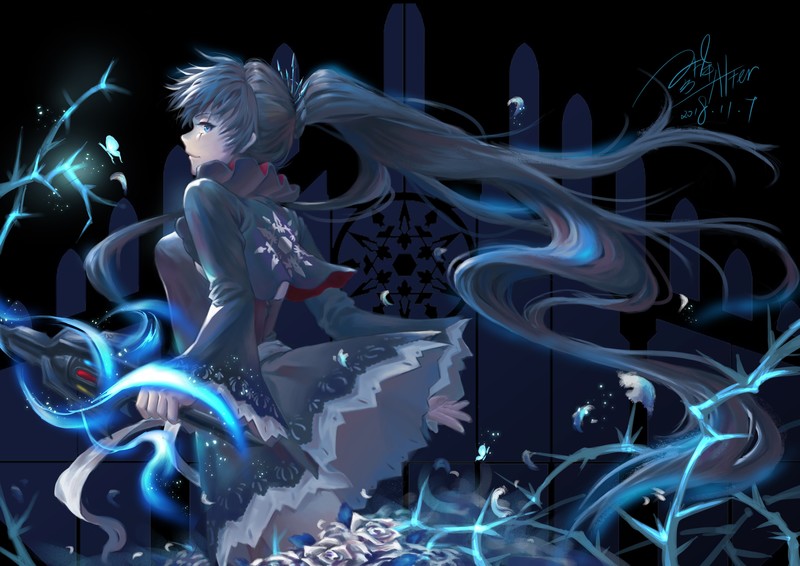 RWBY, digital art, anime girls, fan art, Weiss Schnee, long hair, white hair, blue eyes, skirt, frost, rapier, Myrtenaster, pigtails