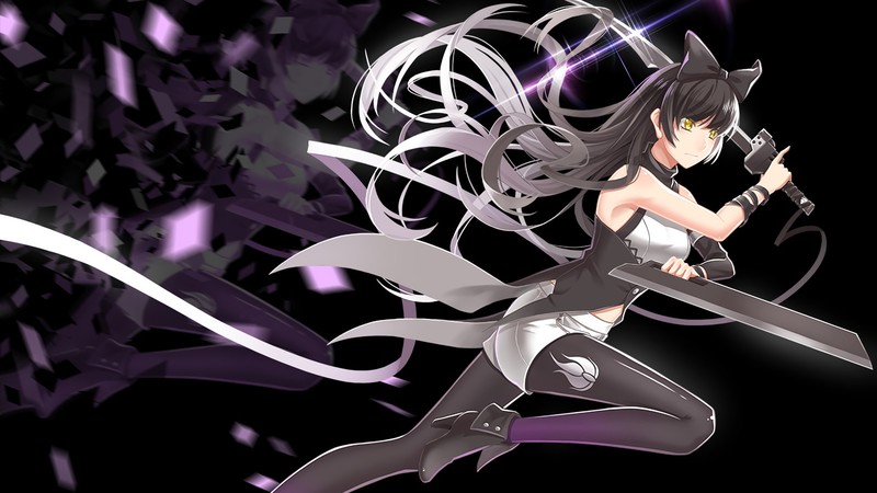 RWBY, digital art, anime girls, fan art, Blake Belladonna, yellow eyes, black hair, sword, Gambol Shroud., long hair