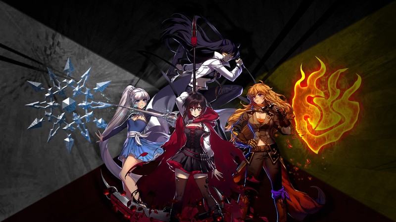 RWBY, digital art, anime girls, fan art, ruby rose, Crescent Rose, Petal, cape, black hair, short hair, Blake Belladonna, yellow eyes, sword, Gambol Shroud., long hair, Weiss Schnee, white hair, blue eyes, skirt, frost, rapier, Myrtenaster, pigtails, Yang Xiao Long, sunglasses, Silver Eyes, purple eyes, fire