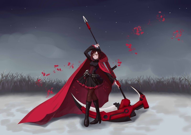 RWBY, digital art, anime girls, fan art, ruby rose, Crescent Rose, scythe, Petal, cape, short hair, redhead, skirt