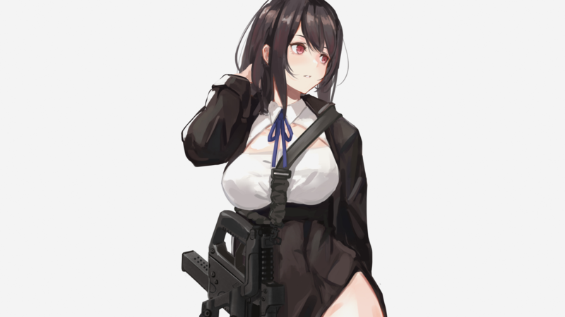 anime, anime girls, original characters, dark hair, bangs, red eyes, looking away, black clothing, ribbon, weapon, girls with guns, portrait, white background, simple background, white, artwork, drawing, digital art, illustration, 2D, minimalism, Girls Frontline
