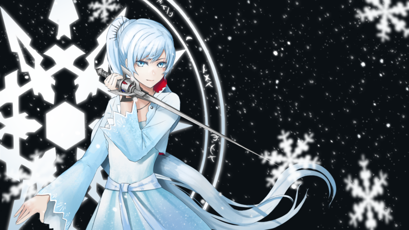 RWBY, digital art, anime girls, fan art, Weiss Schnee, long hair, white hair, blue eyes, skirt, frost, rapier, Myrtenaster, pigtails