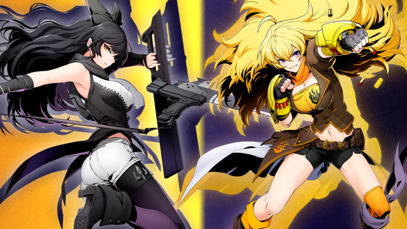 RWBY, anime girls, digital art, fan art, Yang Xiao Long, gauntlets, long hair, yellow hair, purple eyes, Ember Celica, Blake Belladonna, black hair, Gambol Shroud., yellow eyes, sword, scythe