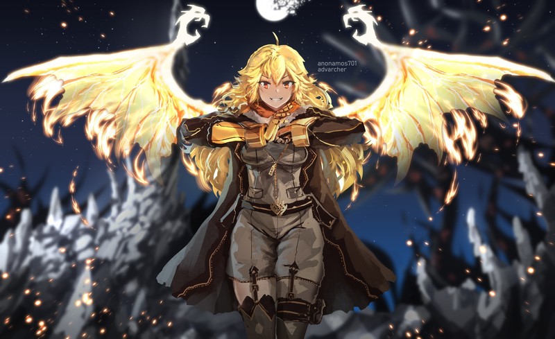 RWBY, anime girls, digital art, fan art, Yang Xiao Long, gauntlets, artwork, long hair, yellow hair, orange eyes, wings, Moon, Ember Celica, frontal view
