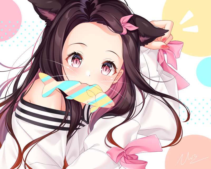 neko ears, anime girls, pink, ribbon, Kimetsu no Yaiba, Kamado Nezuko ...