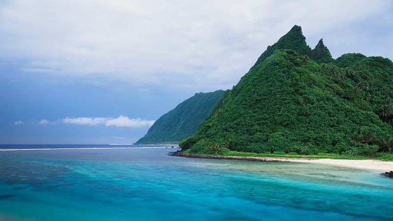 mountains, clouds, sky, trees, forest, coast, water, horizon, beach, sand, coral, sea