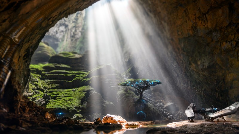 artwork, rocks, cave, trees, water, moss, sun rays, neon, science fiction, Star Citizen