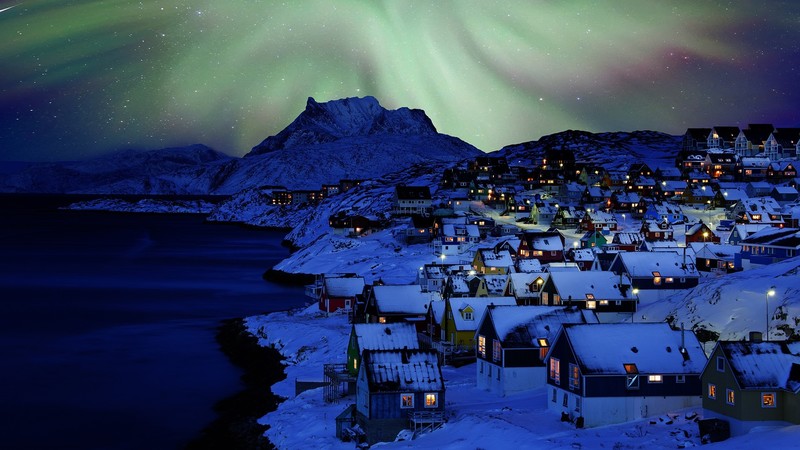 nature, landscape, far view, snow, stars, house, lights, water, coast, mountains, snowy mountain, shooting stars, town, aurorae, Greenland