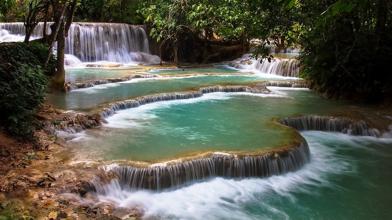 nature, landscape, trees, plants, water, waterfall, tropical forest, long exposure, leaves, forest, Monsoon, Laos