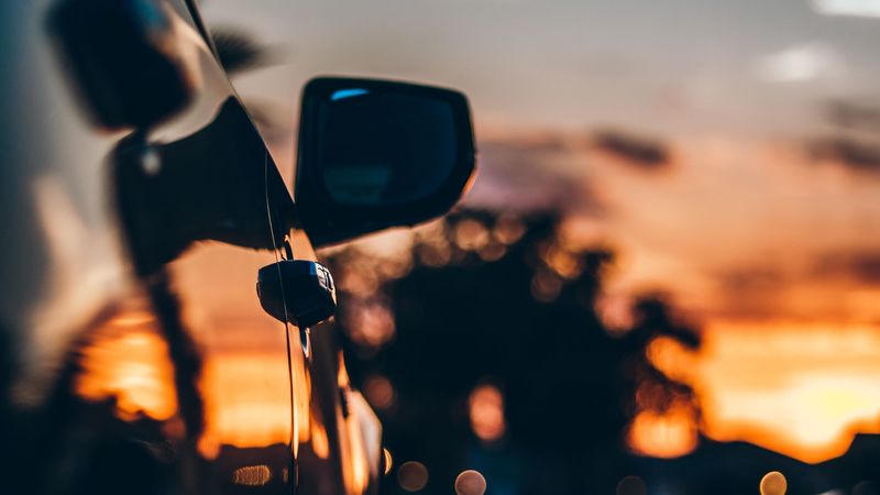 car, sunset, movement, mirror blur, 4k