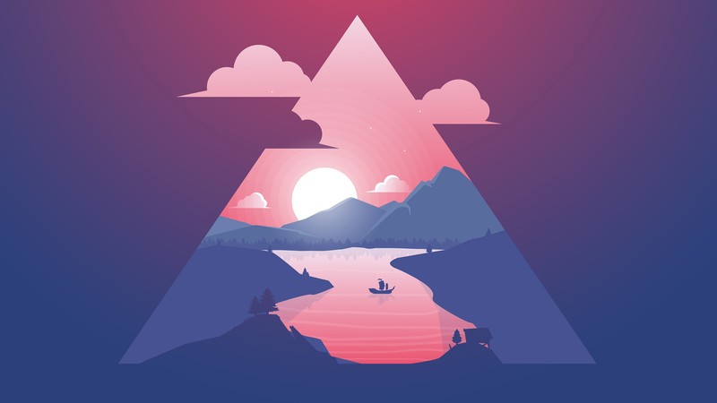 minimalism, artwork, Sun, boat, clouds, trees