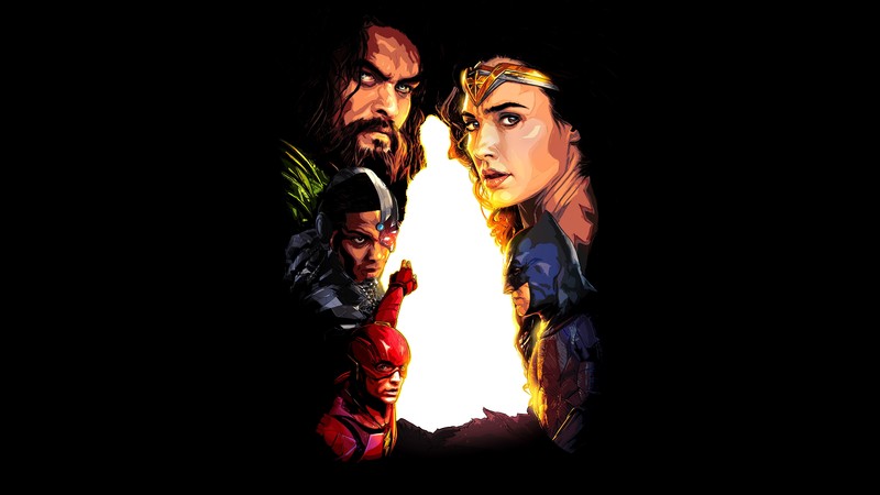 artwork, minimalism, Justice League, Aquaman, Flash, Batman, Wonder Woman, Gal Gadot, Jason Momoa, Ben Affleck, Cyborg (DC Comics)