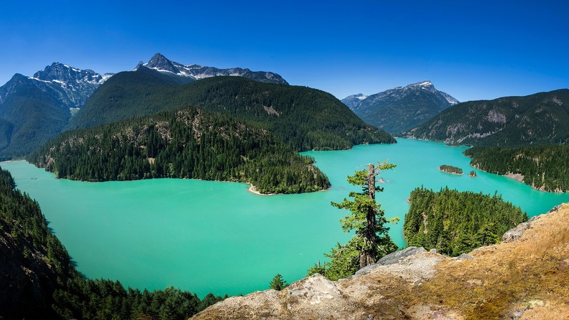 trees, forest, mountains, rocks, sky, snowy peak, water, water ripples, Washington, USA, lake, North Cascades National Park