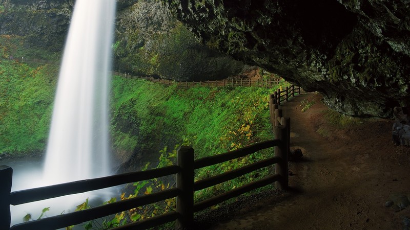nature, landscape, waterfall, rocks, moss, plants, water, long exposure, Monsoon, fence, South Falls, Oregon, USA
